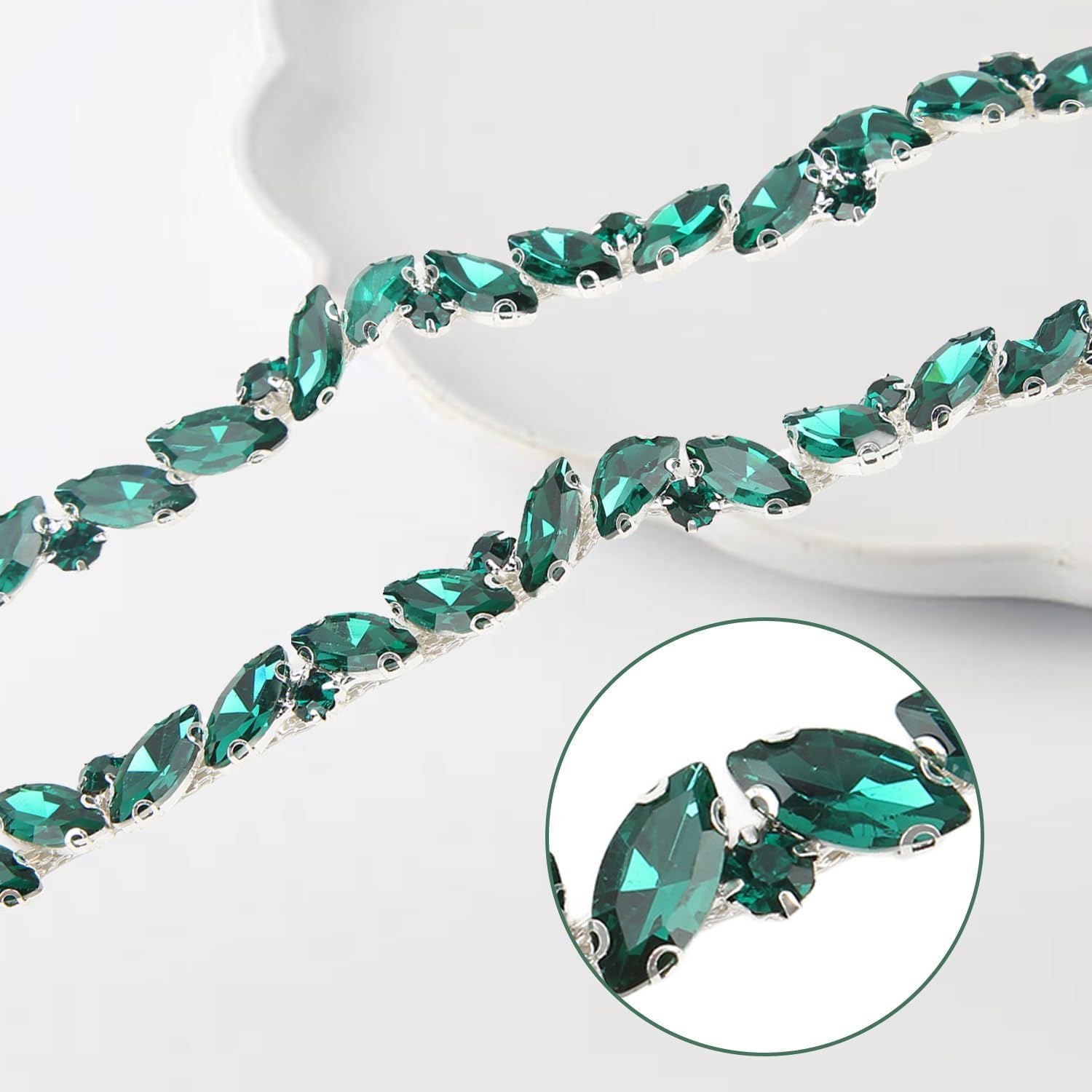 1 Yard Rhinestone Trim, 2Pcs Crystal Rhinestone Chain Applique, Diamond Beaded Chain for Bridal Costume Embellishment Clothing Accessories Green
