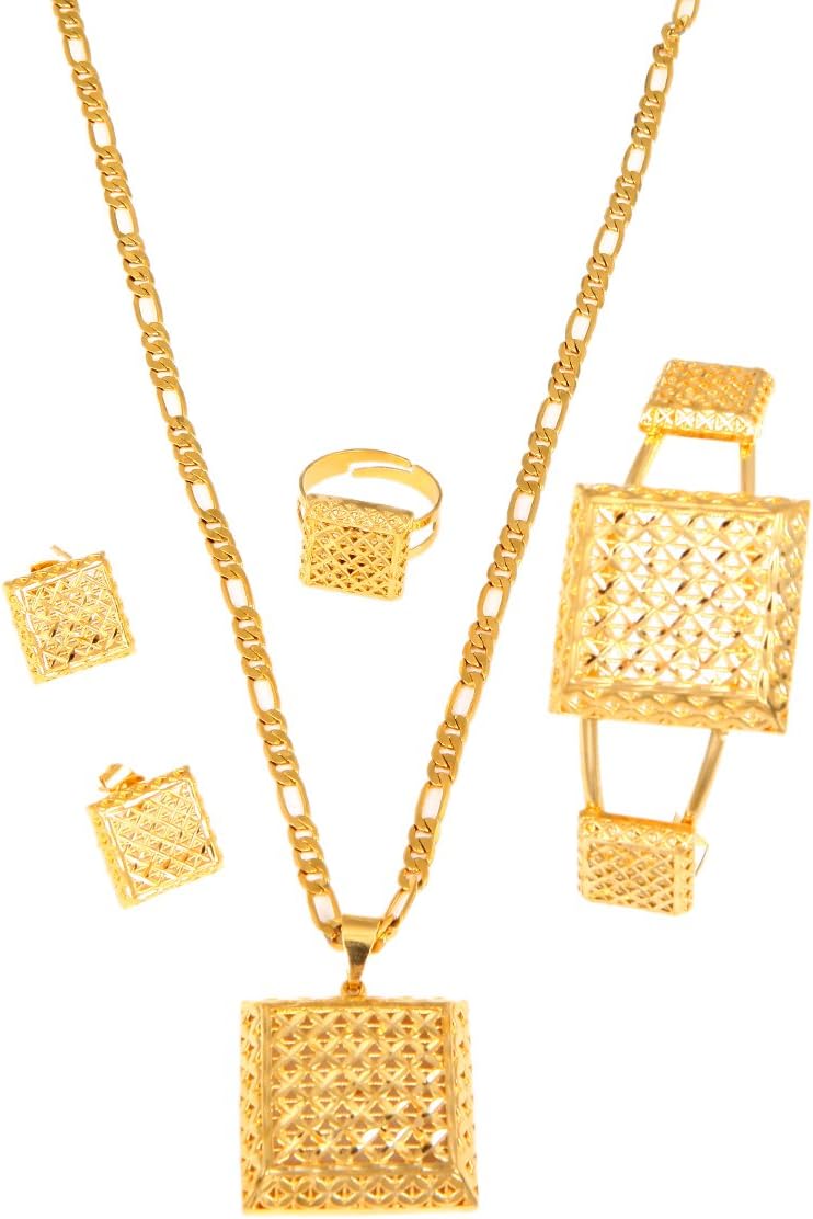 New Ethiopian Gold Color Sets Pendant Necklaces Earrings Bangle Ring Habesha Eritrean Jewelry
