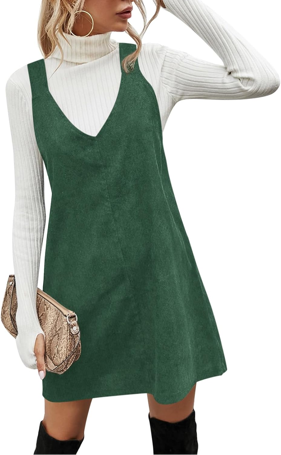 Koinshha Women V Neck Corduroy Overall Dress Casual Loose Short Pinafore Dresses Cute Mini Jumper Dress