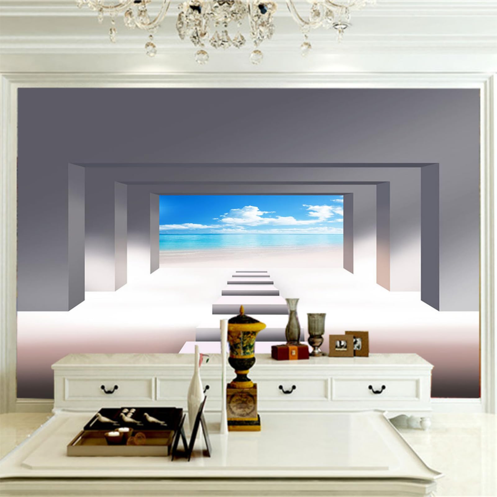 Fresque panoramique 3D porte sur la mer papier intissé salon et chambre
