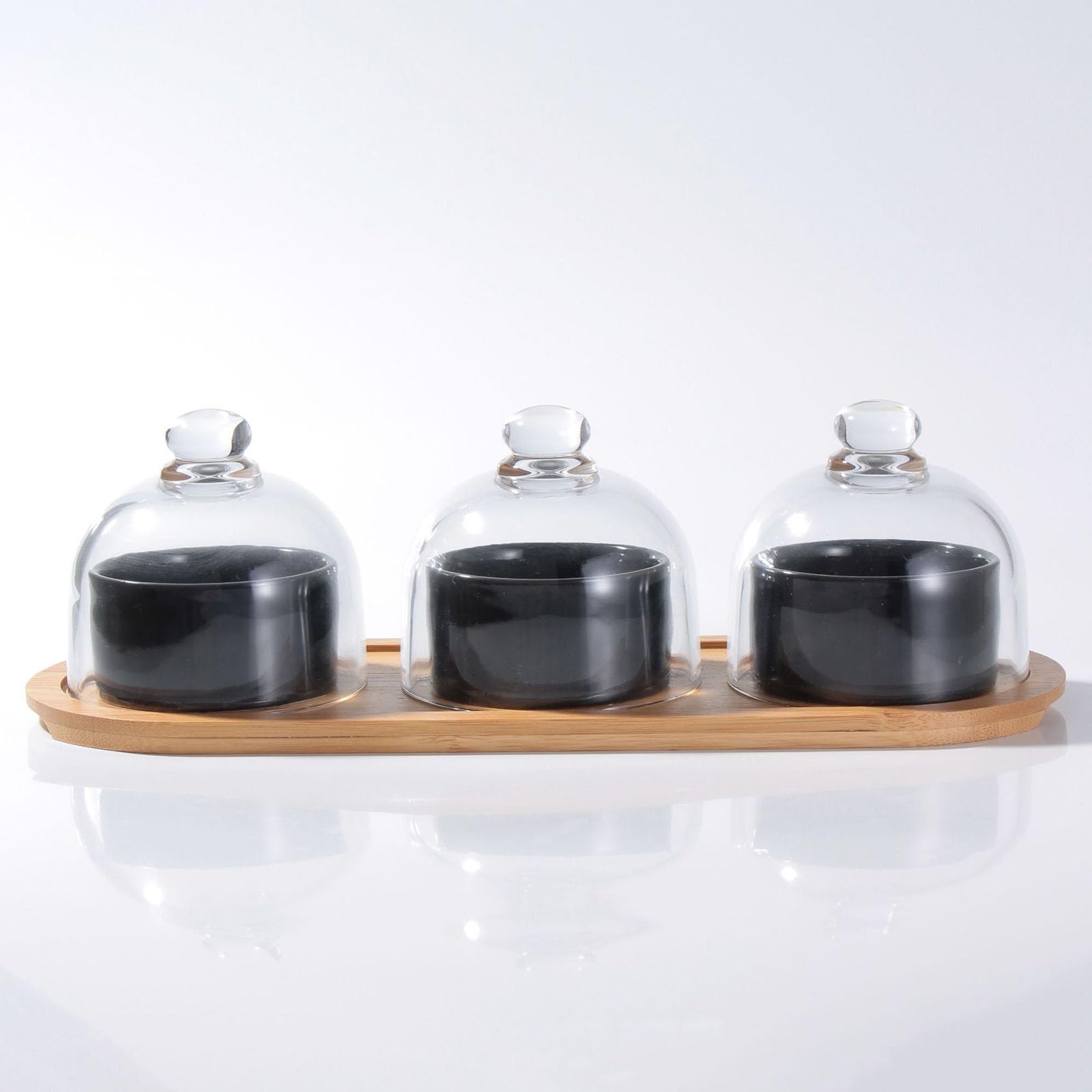 Plateau de service en bambou avec bols en céramique noir