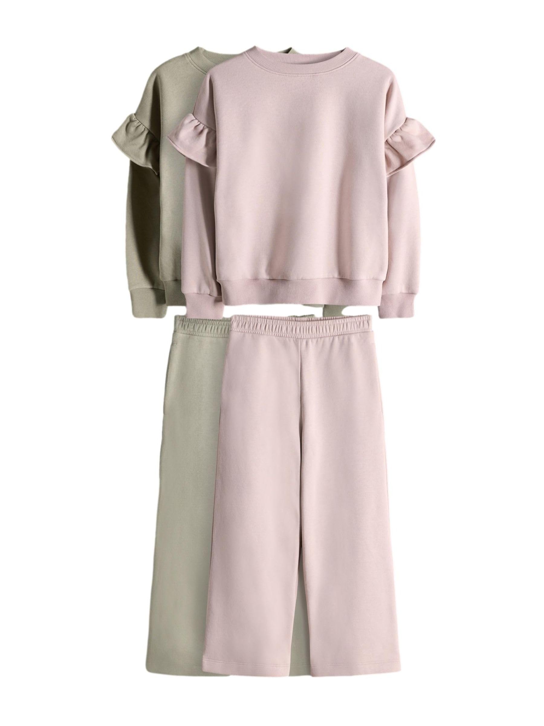 THE SET Mädchen t Sweatshirts mit Rüschenärmeln und Jogginghose mit weitem Bein, 2er-Pack