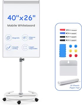 MAKELLO Mobile Whiteboard 40x26 in, Flip Chart, Dry Erase Board on Wheels | 4'x2', Magnetic, Adjustable Height, Magnetic Pen Holder, Dry Erase, Rolling Whiteboard, Teachers & Classroom, Home, Office