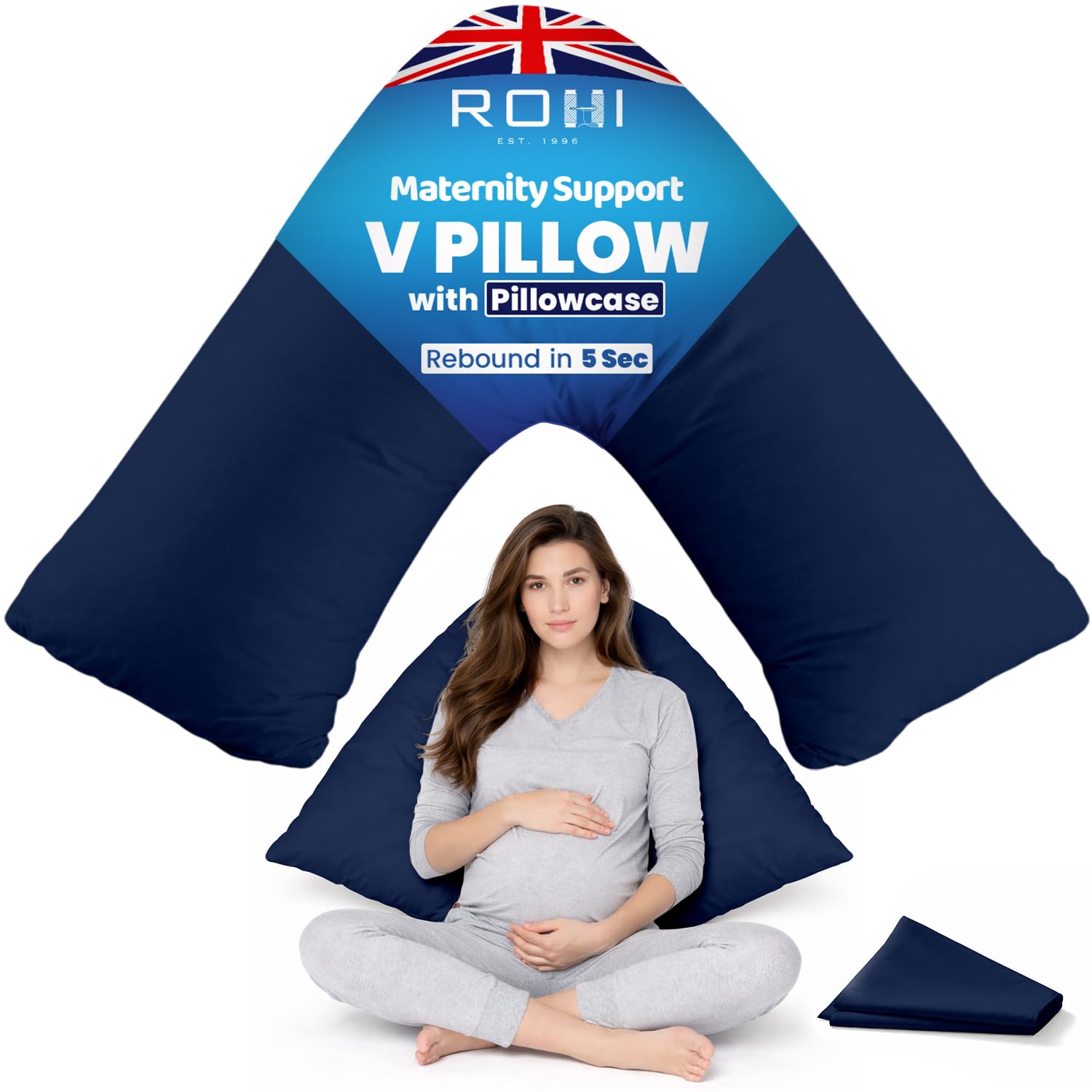 Rohi Navy Orthopaedic V Pillow With Pillowcase – Anti Allergy Triangle Pillows For Adults, Nursing, Maternity & Pregnancy – Extra Hollowfibre Cushioning To Supports Neck, Head & Back (Navy)