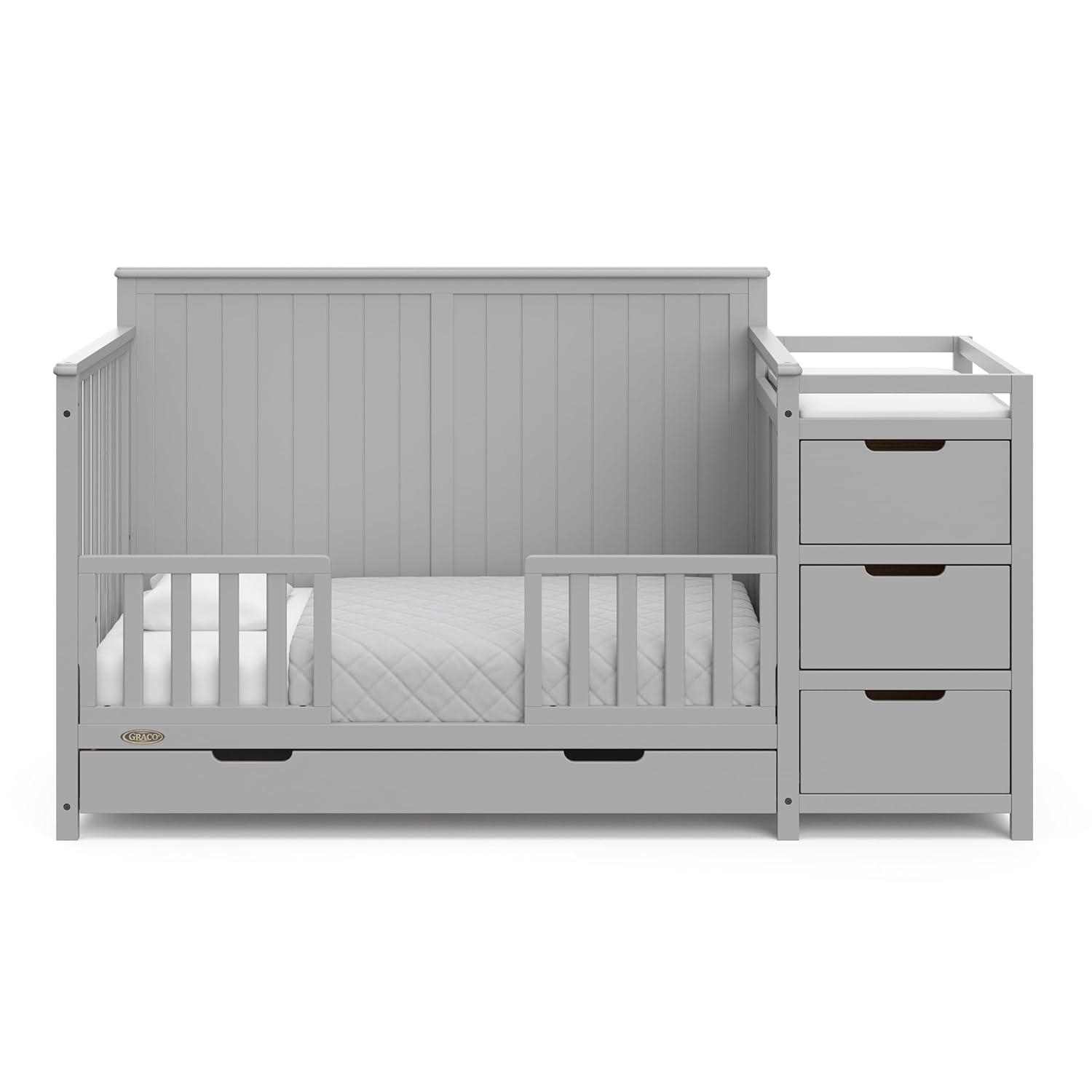 Graco Hadley 5-in-1 Convertible Crib & Changer (Pebble Gray) – GREENGUARD Gold Certified, Fits Standard Crib Mattress, Converts to Toddler Bed and Full Bed, 4 Adjustable Mattress Heights