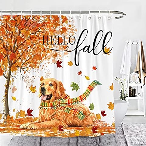 Wencal Fall Dog Golden Retriever Shower Curtain Maple Tree Leaves Thanksgiving Autumn Bathroom Decor with Hooks 72 x 72 Inches Cover