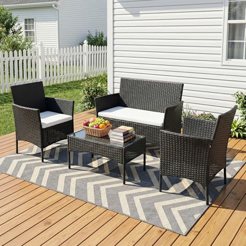 Image of OUTLIVING Outdoor 4 Seater Sofa Set || Patio Furniture Sets || Balcony Sofa || Indoor Sofa || Wicker Rattan Garden Sofa Set with Cushion and Center Table (Black /White)