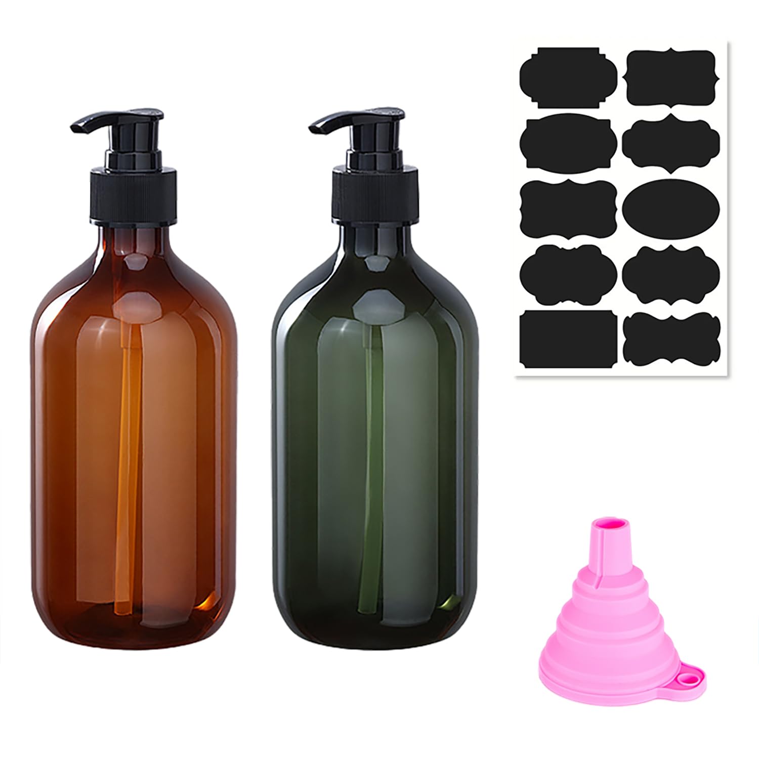 2 Pack Plastic Soap Dispenser with Pump, 500ml/17oz Refillable Pump Bottle Dispenser for Kitchen, Bathroom, Liquid Soap, Hand Soap, Dish Soap, Shampoo, Conditioner, with Funnel and Label Paper