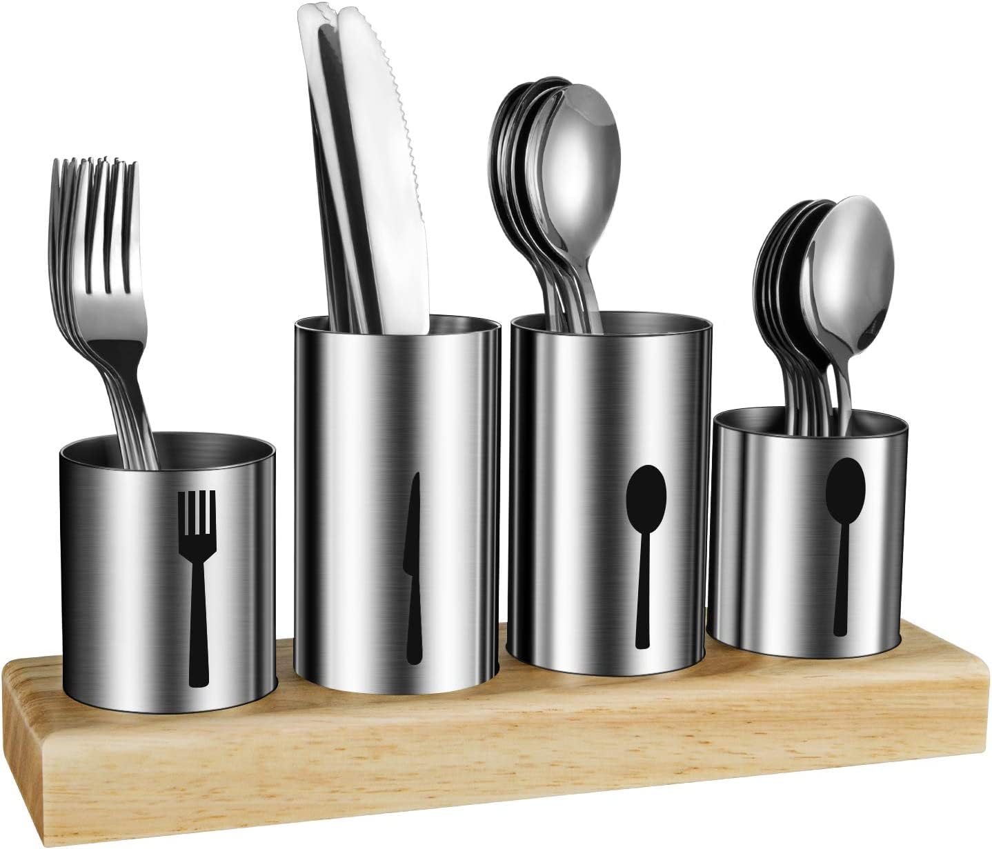 Skade Silverware Holder, Utensil Holder With Caddy Silverware Container For Spoons, Knives,Forks Silverware Display Organizer Kitchen Dinner Table, Stainless Steel With Bamboo Wood Base