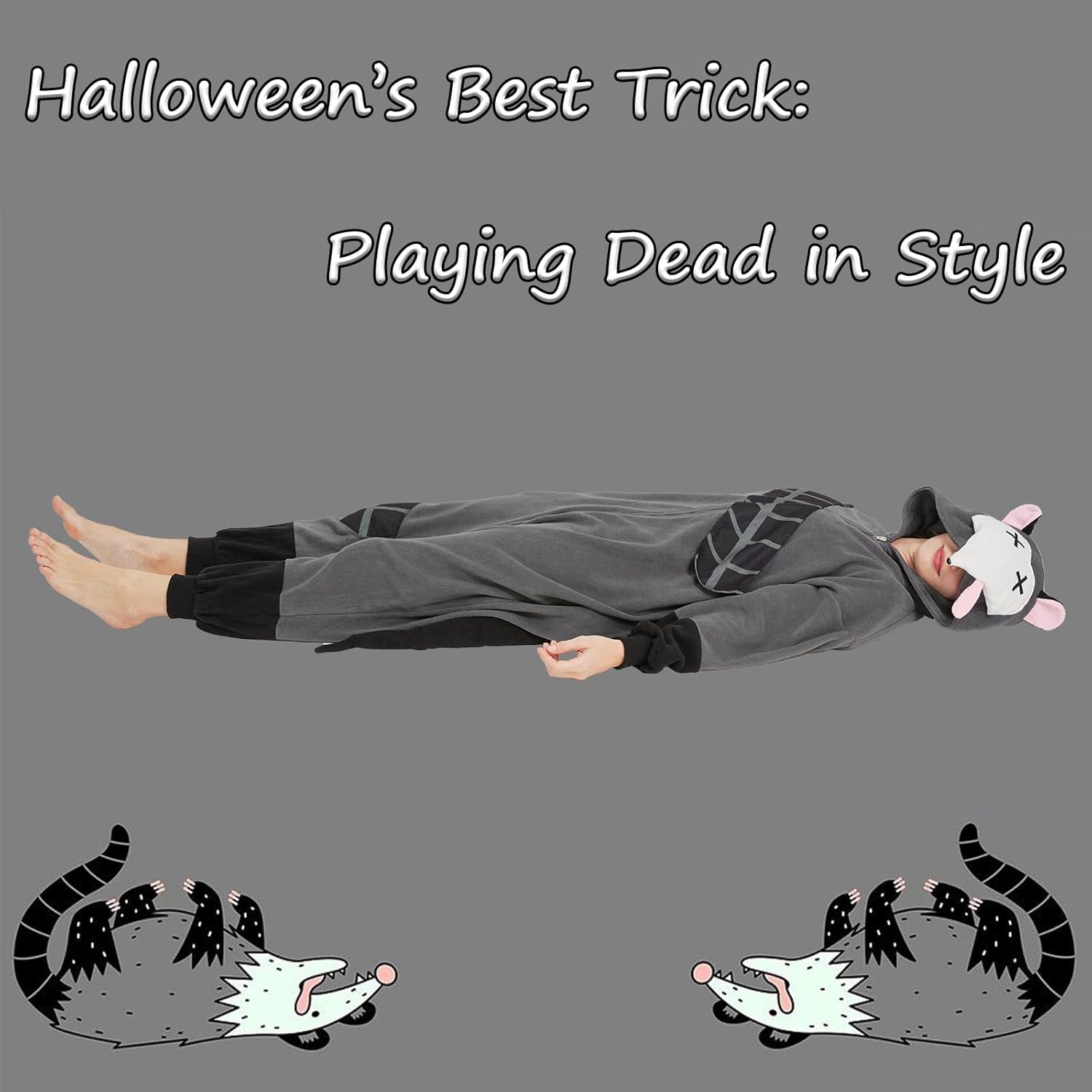 Opossum Onesie Pajamas for Adults Halloween Possum Costume Animal Cosplay One-Piece Pajamas - Image 3