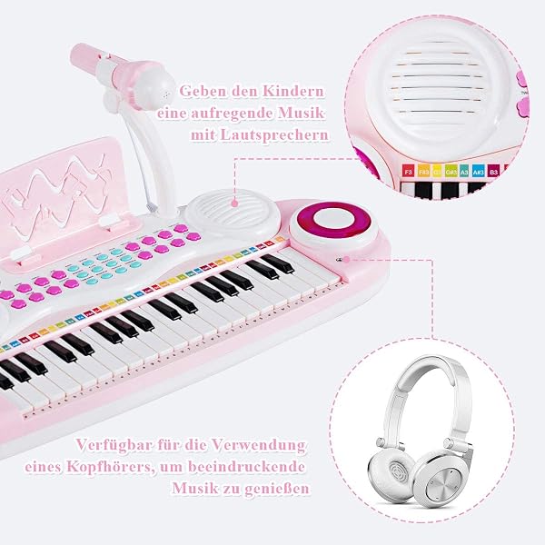 COSTWAY 37 Tasten Klaviertastatur mit Licht, Kinder Keyboard mit Ständer, Klavier Spielzeug elektronisch, Musikinstrument mit Aufnahme- und Abspiel-Funktion, inkl. Mikrofon (Pink) - 5