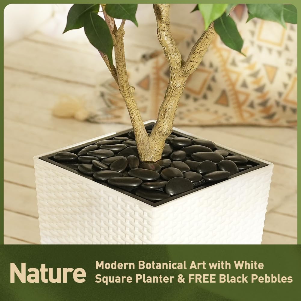 5FT Artificial Ficus Tree with White Taper Planter & Pebbles– Tall Faux Trees with UV Resistant Silk Leaves for Indoor Outdoor - Potted Fake Floor Plants for Home Office Room Decor, VN128