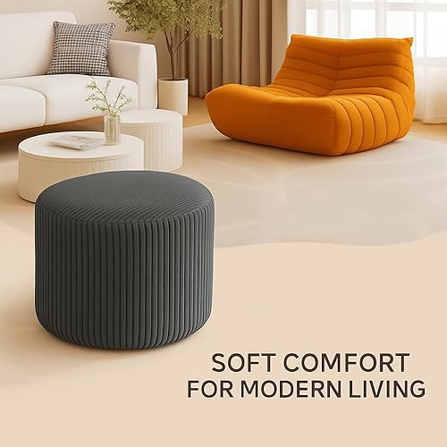 Miniatura 6 de Puf redondo otomano y reposapiés, pufs de pana suave con relleno de espuma (gris)