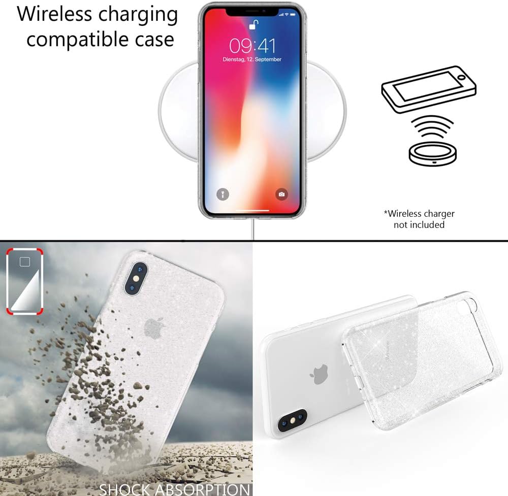 NALIA Glitter Case Compatible with iPhone X/XS, Ultra-Thin Shiny Protective Silicone Back-Cover Rubber Skin, Sparkle Shock-Proof Soft Slim Bumper Smartphone Protector, Color:Transparent