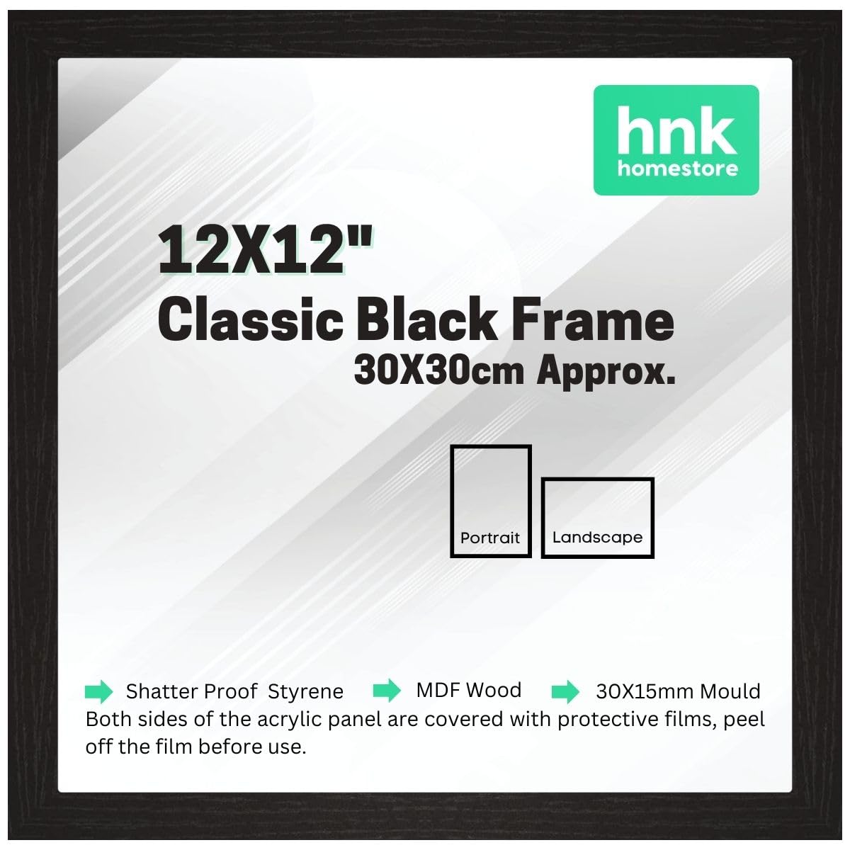 HNK Homestore Classic Picture Poster Frame, 12X12" Black, Wood Finish, Square 30X30cm, Portrait/Landscape