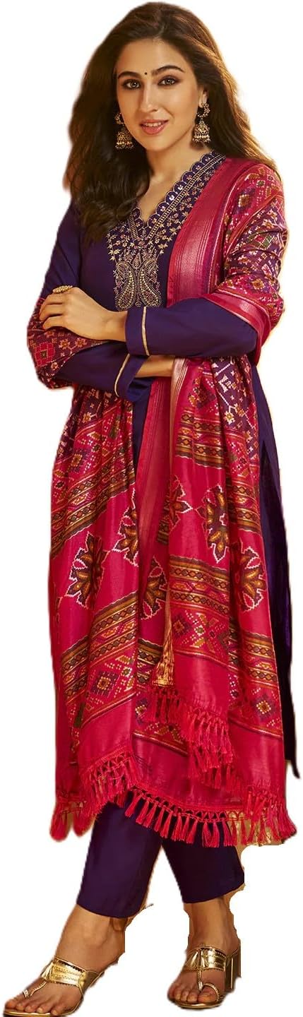 Purple Color Straight Zari Embroidered Muslin Silk Kurta and Pant with Patola printed Dupatta set | Kurta Set Indian Dress Ethnic Wear Salwar Suit for Women