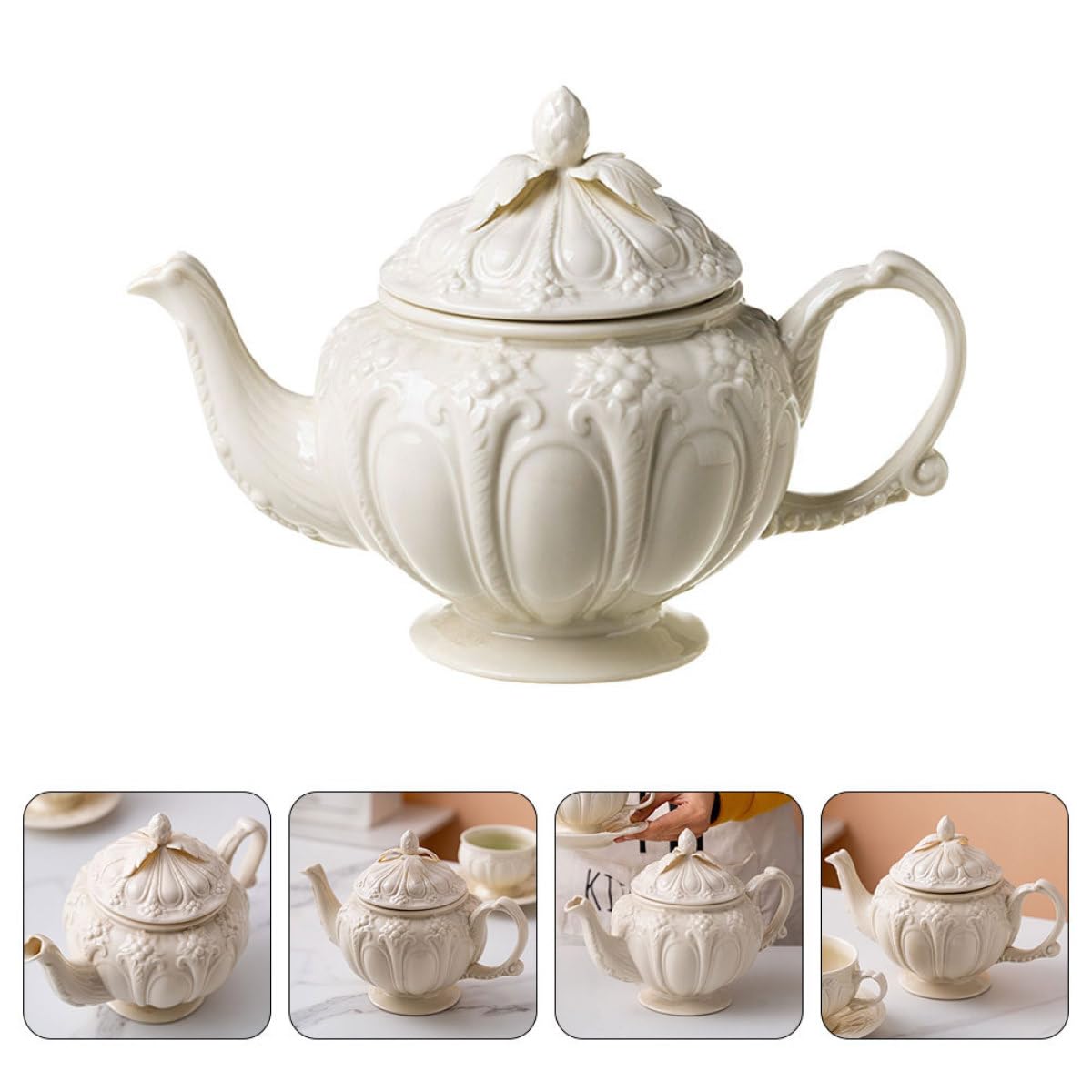 BESTOYARD Cafetera de Estilo Británico Vintage Relieve, Capacidad Grande y Asa Cómoda de Cerámica Beige para Uso en Cocina Retro
