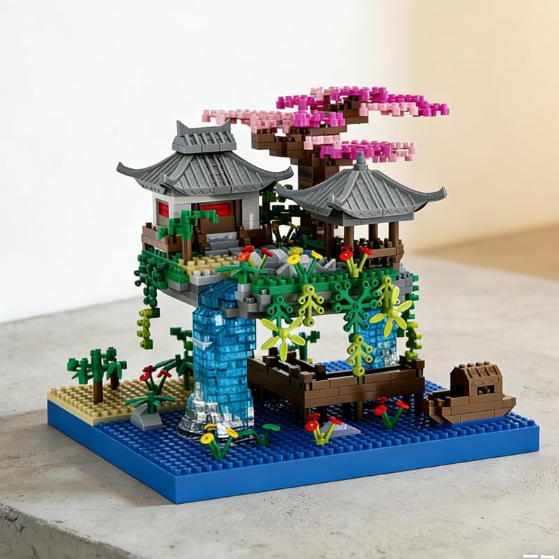 Image of SKY LINE OCEAN Cherry Blossom Bonsai Tree Building Set (920+ Pieces) with LED Lights & Pond | DIY Sakura Tree Display Model | Decorative Construction Toy for Ages 14+
