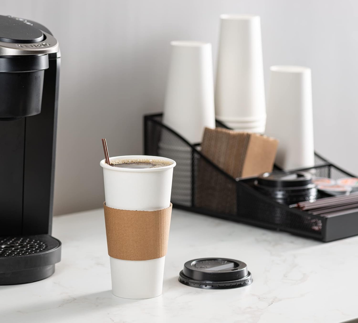 GUSTO [20 oz. - 50 Sets Disposable Coffee Cups with Lids and sleeves - To Go Paper Hot Cups for Travel and Office Use - Formerly Comfy Package
