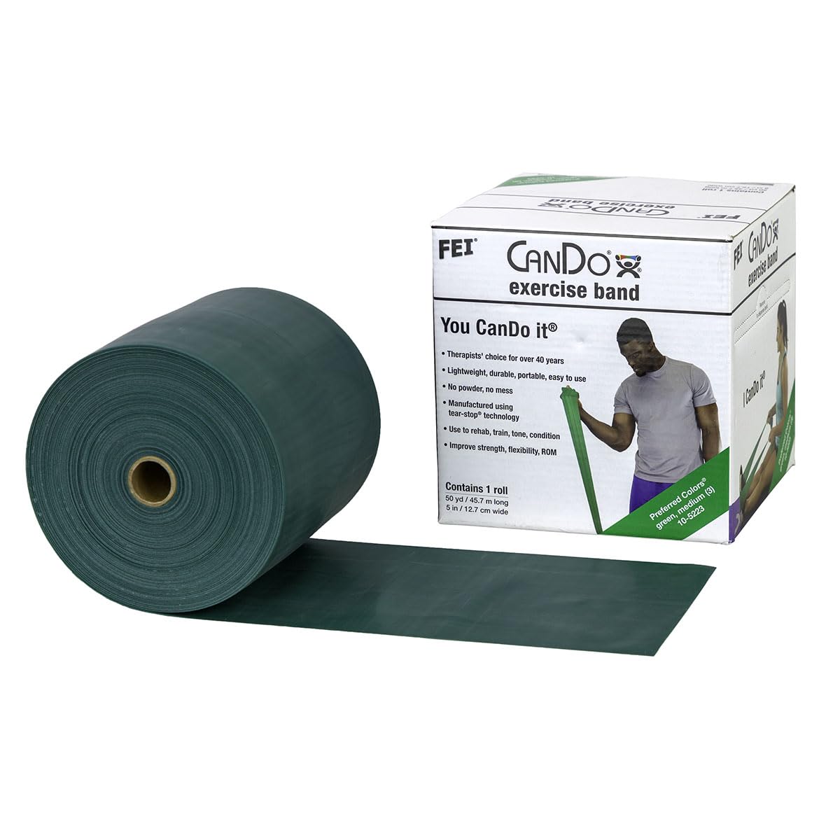 CanDo Low Powder Exercise Band, 50 yard roll, Green: Medium