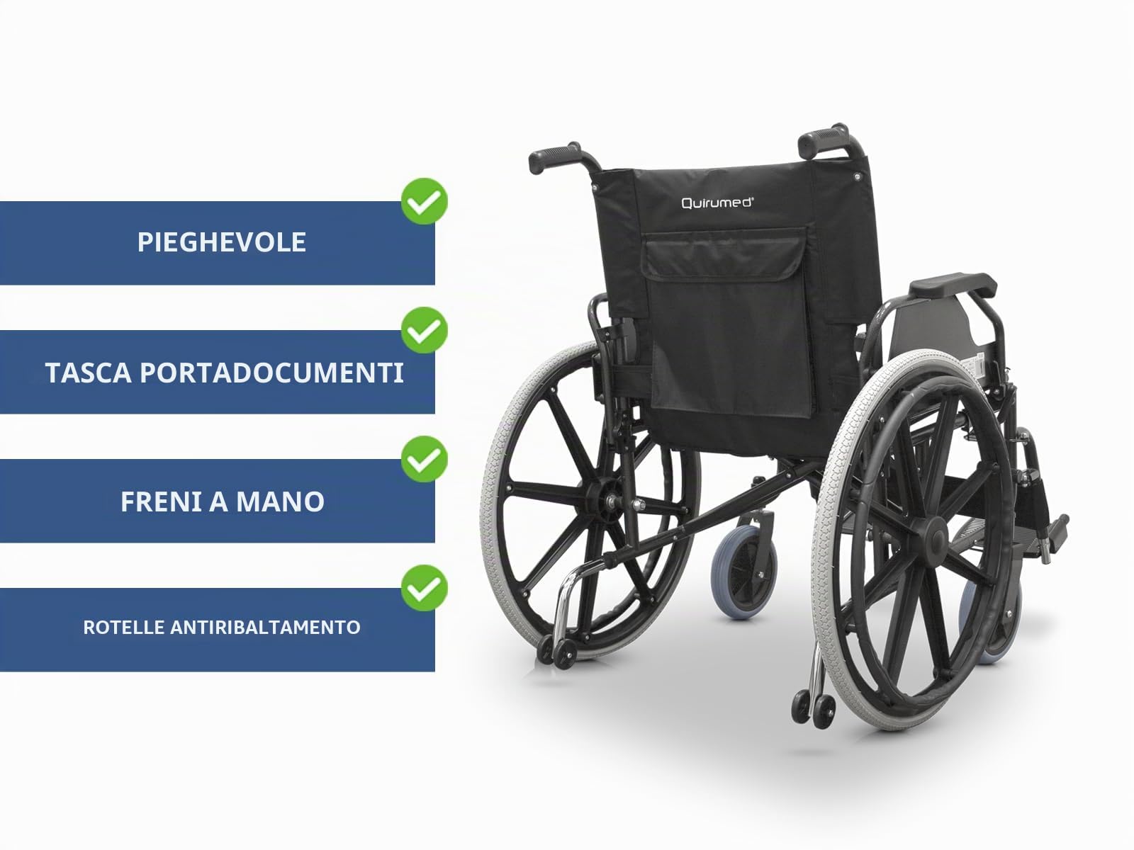 QUIRUMED Sedia a rotelle QUIRUMED, LARGHEZZA SPECIALE 56 CM UTILE, pieghevole, Acciaio, Imbottitura rimovibile, Seduta ampia, Ripiegabile facilmente, Braccioli rimovibili, Per anziani, Per disabili