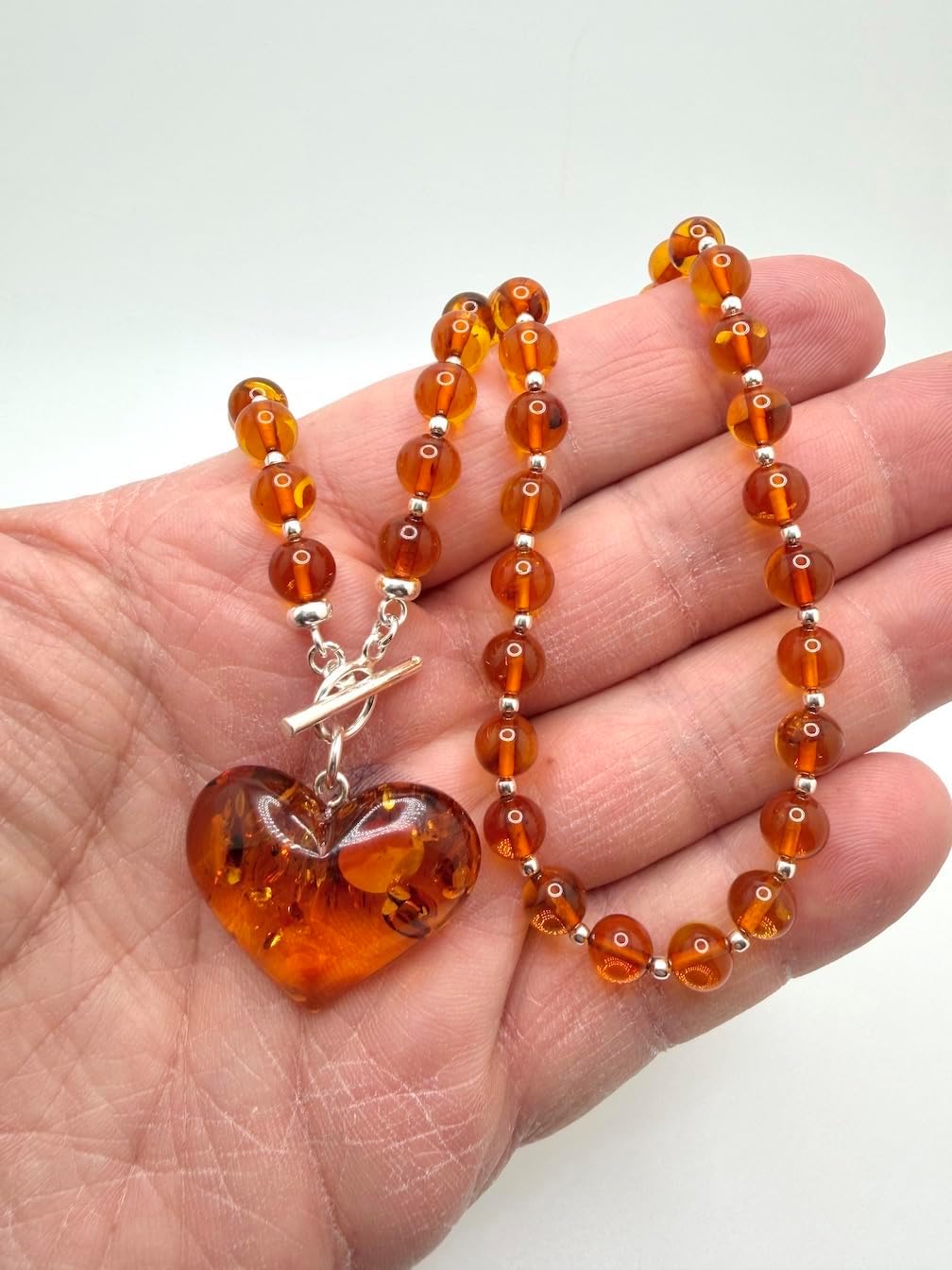 Cognac Baltic Amber Beaded Necklace – Puffy Honey Heart Pendant & Sterling Silver Toggle Closure