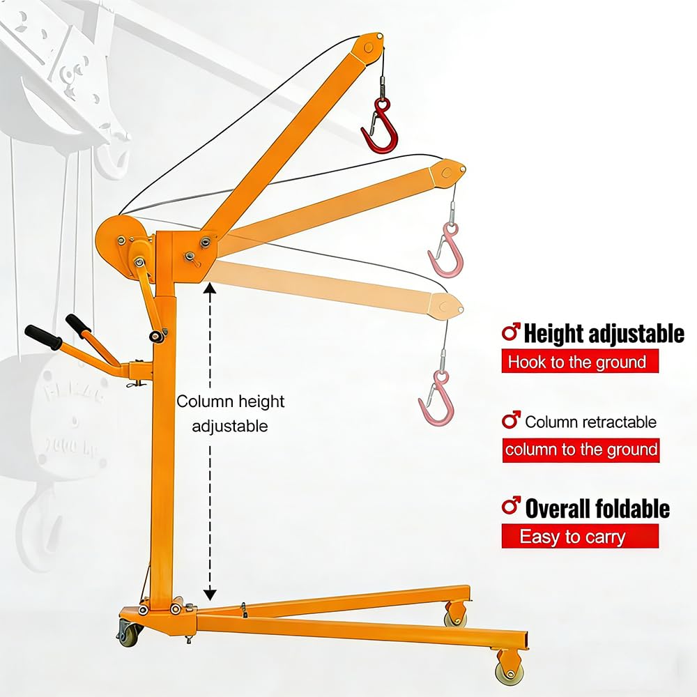 Gru Pieghevole Portatile con Argano Manuale,Paranco Mobile di Sollevamento per Casa e Officina,capacità 200/300/500 kg,Compatto e Pieghevole
