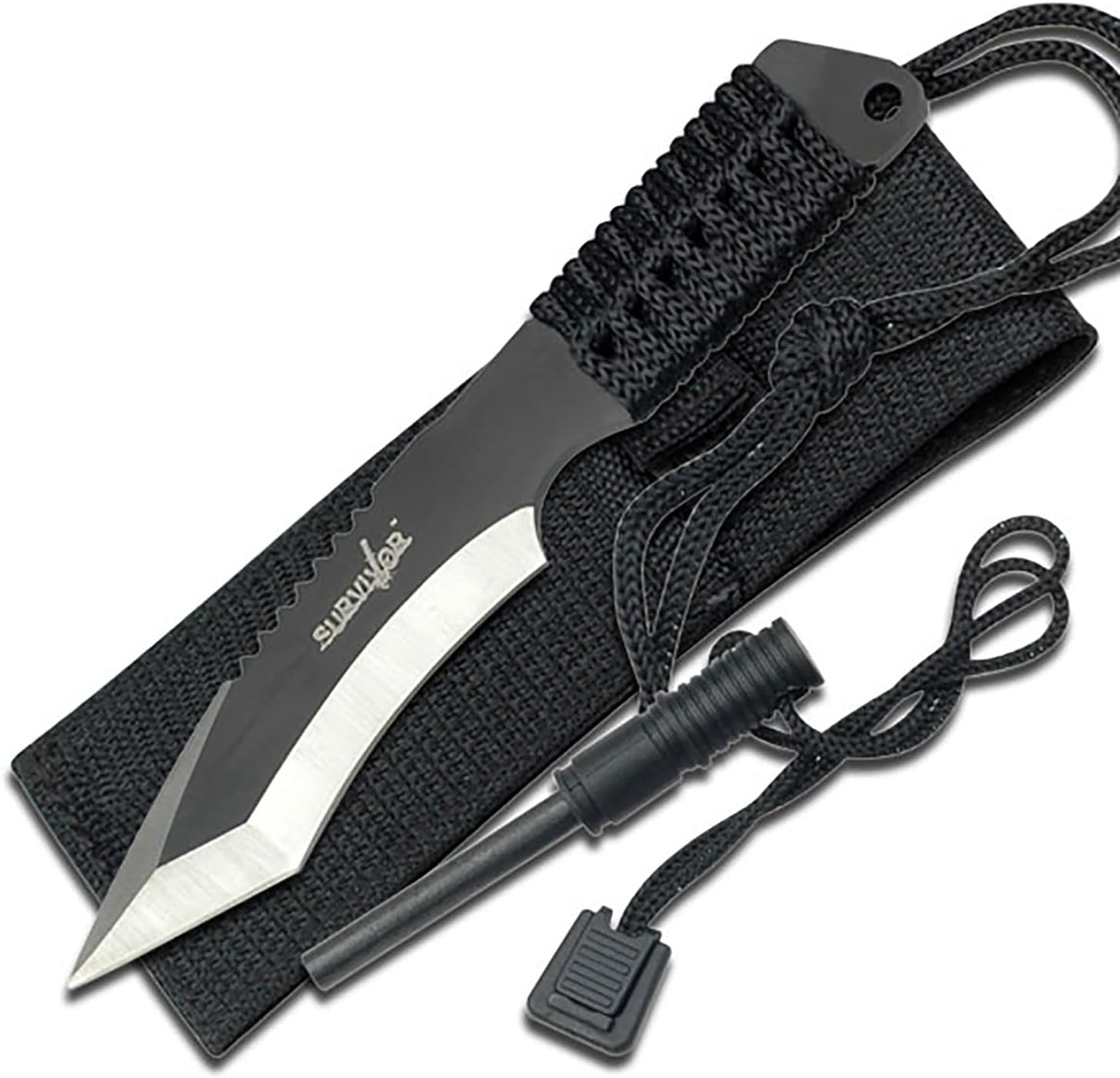 Survivor HK-759 Fixed Blade Knife, Two-Tone Tanto Blade, Black Cord-Wrapped Handle, 7-Inch Overall