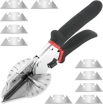 Multi Angle Miter Shears with 10 Replacement Blades, 45-135 Adjustable Angle Trim Cutter Hand Tool for Cutting Plastic, PVC and Wood Trim Molding Black