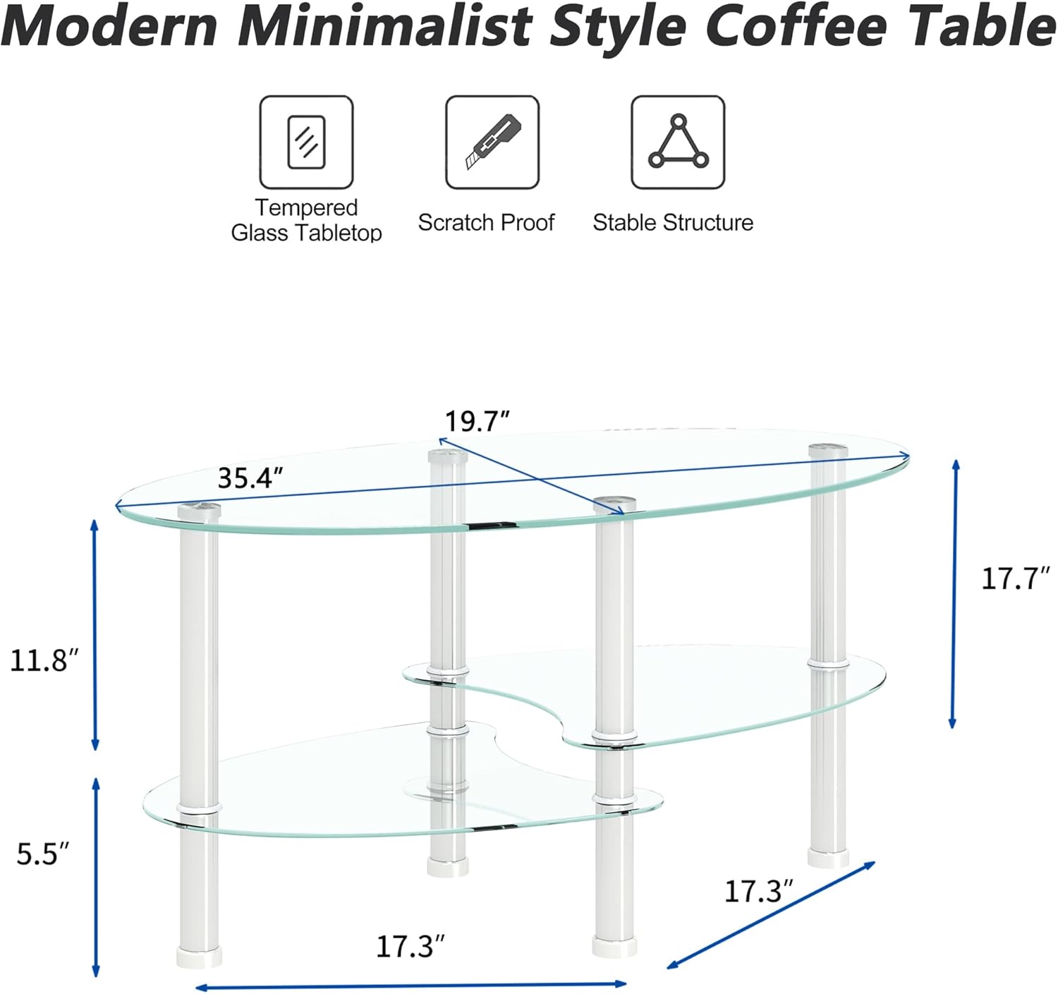 Glass Coffee Table Silver Oval Living Room Table, Mordern Clear Small Sofa Side Tables with Storage, Glass Table with Metal Leg Home Furniture (Silver, 1pcs Coffee Table)