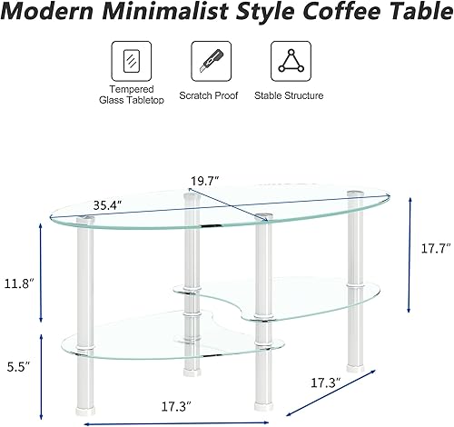 Miniatura 2 de Mesa de centro de cristal ovalada plateada para sala de estar, mesas auxiliares de sofá pequeño transparente Mordern con almacenamiento, mesa de