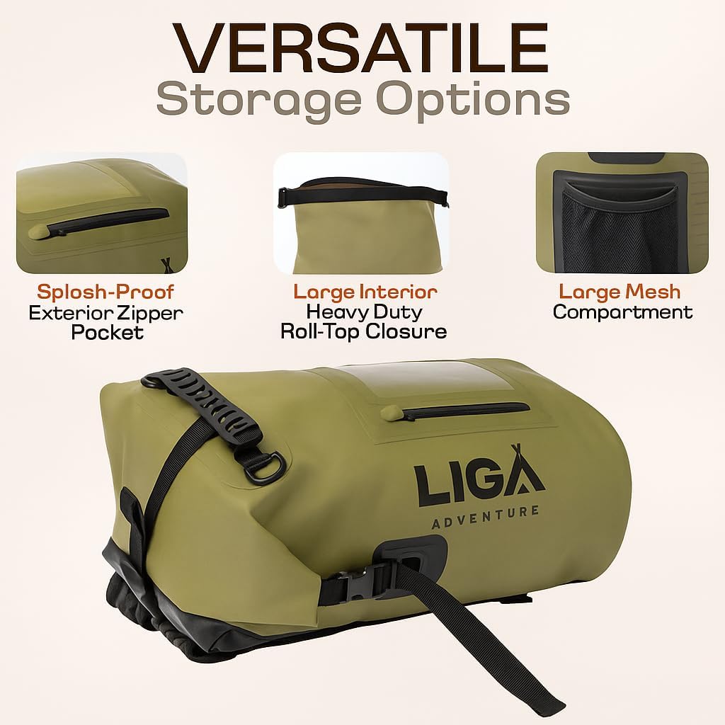LIGA Waterproof Duffel Bag Backpack, 30L Heavy Duty Roll-Top Closure Travel Backpack, Cushioned Dry Storage Bag for Hiking, Kayak, Travel, Biking, Camping, Fishing (Green) - Image 3