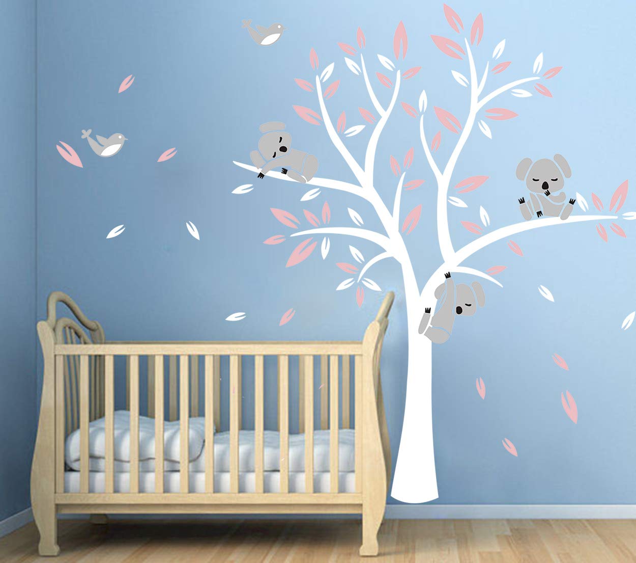 AIYANG Nursery Tree Wall Decor Cute Koalas Wall Stickers DIY Vinyl Wall Art Parent-Child Interaction Wall Stickers for Baby Boys Girls Bedroom Playroom Decoration (White,Pink)