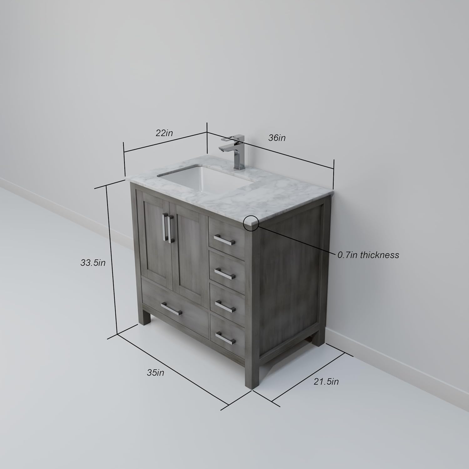 Jacques 36 in. W x 22 in. D Left Offset Distressed Grey Bath Vanity, Carrara Marble Top and 34 in. Mirrors