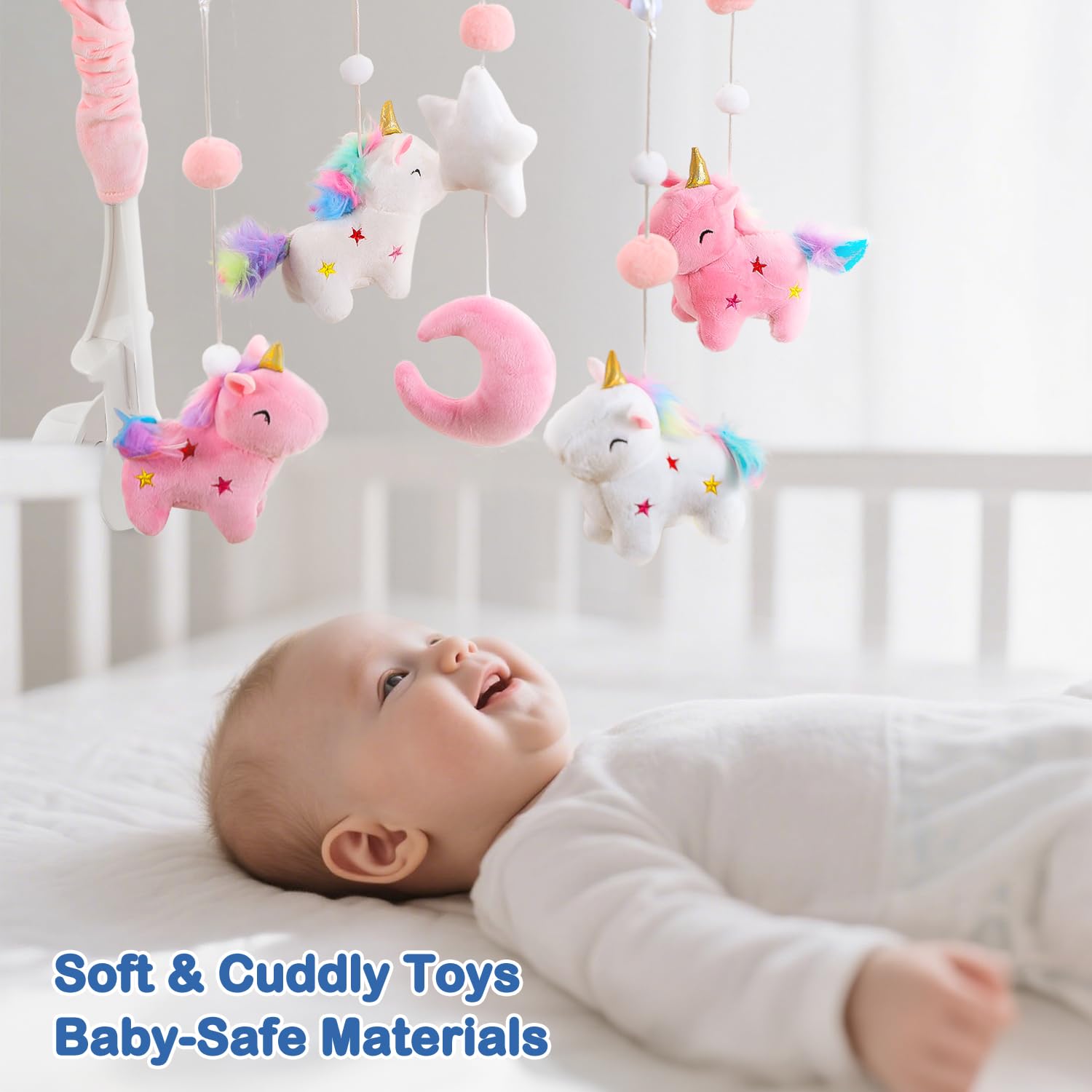 Unicorn Baby Crib Mobile for Girls with Music Box (100+ Lullabies), Rotating Plush Crib Toys for Newborns Infant, Baby Shower Gift - Image 2