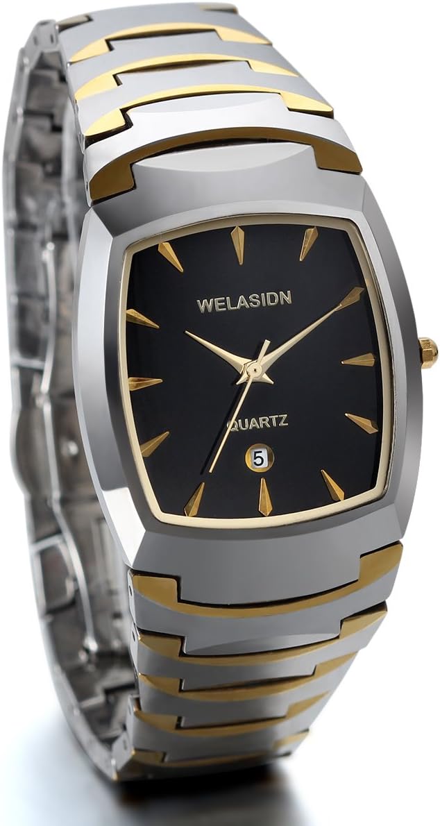 JewelryWe Men's Watch Square Dial Quartz Calendar Watch Silver Tungsten Carbide Wristwatch for Valentine's Day