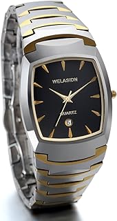 JewelryWe Herren Armbanduhr, Luxus Edle Business Casual Kalender Analog Quarz Uhr mit Wolfram Wolframcarbid Armband, Silber Gold