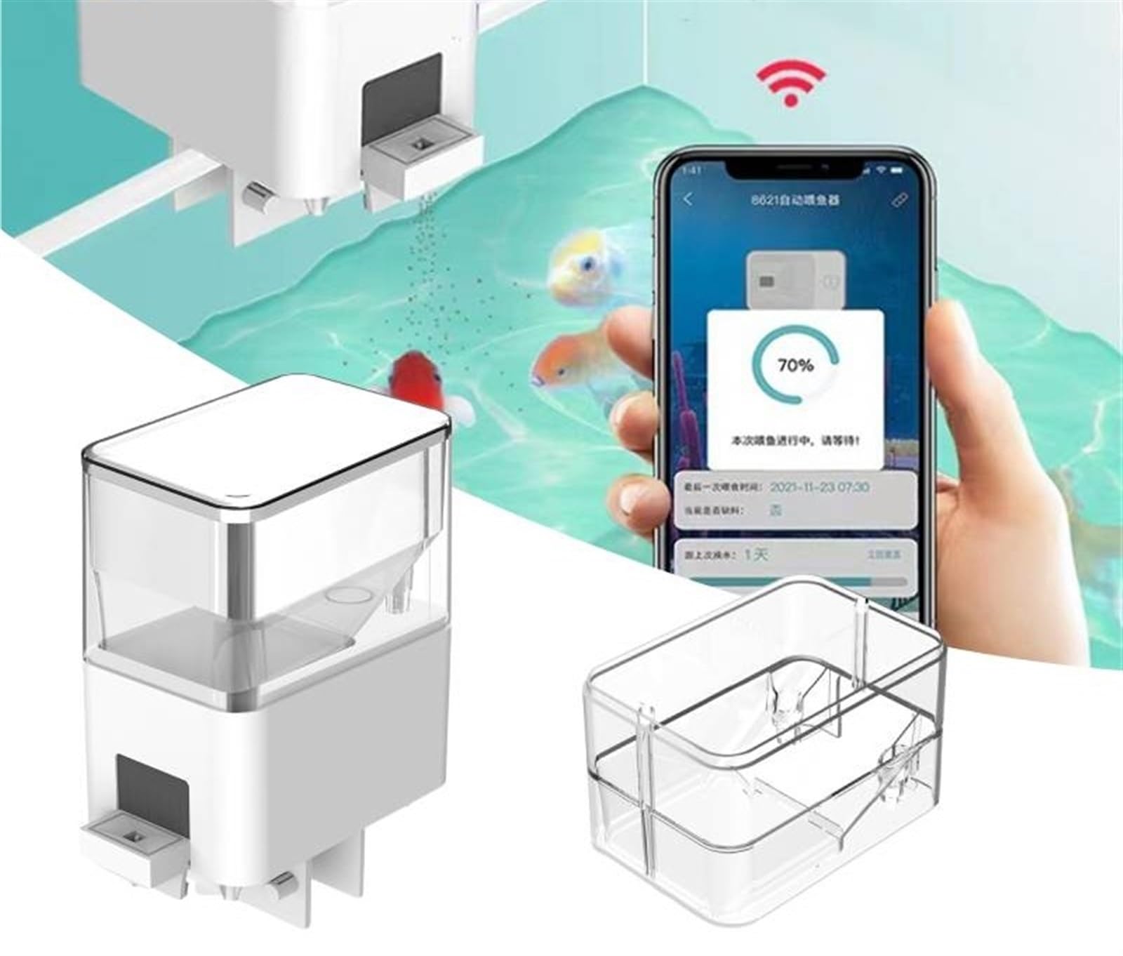 Karmnik dla ryb stawowych, Automatyczny podajnik ryb do akwarium Wifi Bezprzewodowy smartfon Inteligentny głośnik Zdalne sterowanie głosem Karmienie ryb