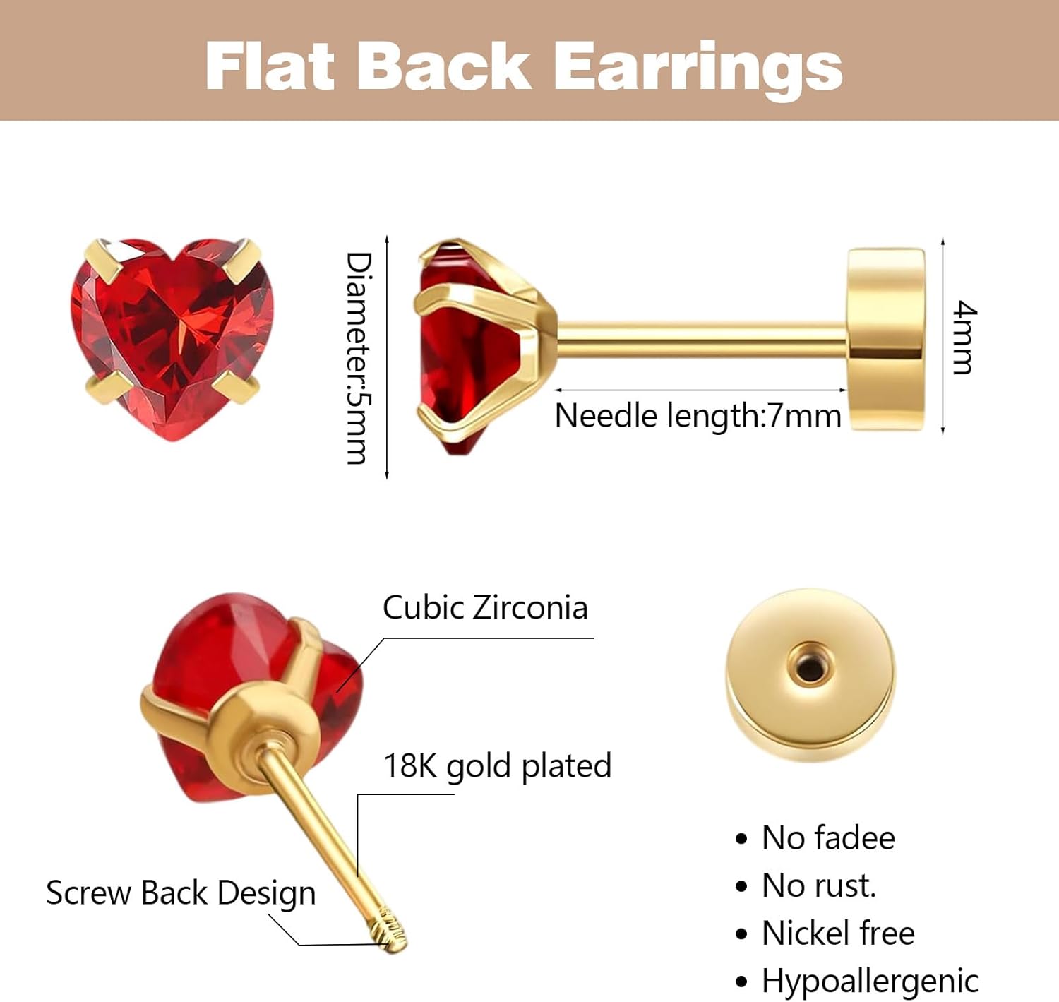 Heart Flat Back Stud Earrings for Women Girls, 5mm Birthstone Stud Earrings Hypoallergenic Stainless Steel Cartilage Earrings Brilliant Handmade Screw Back Earrings - Image 5
