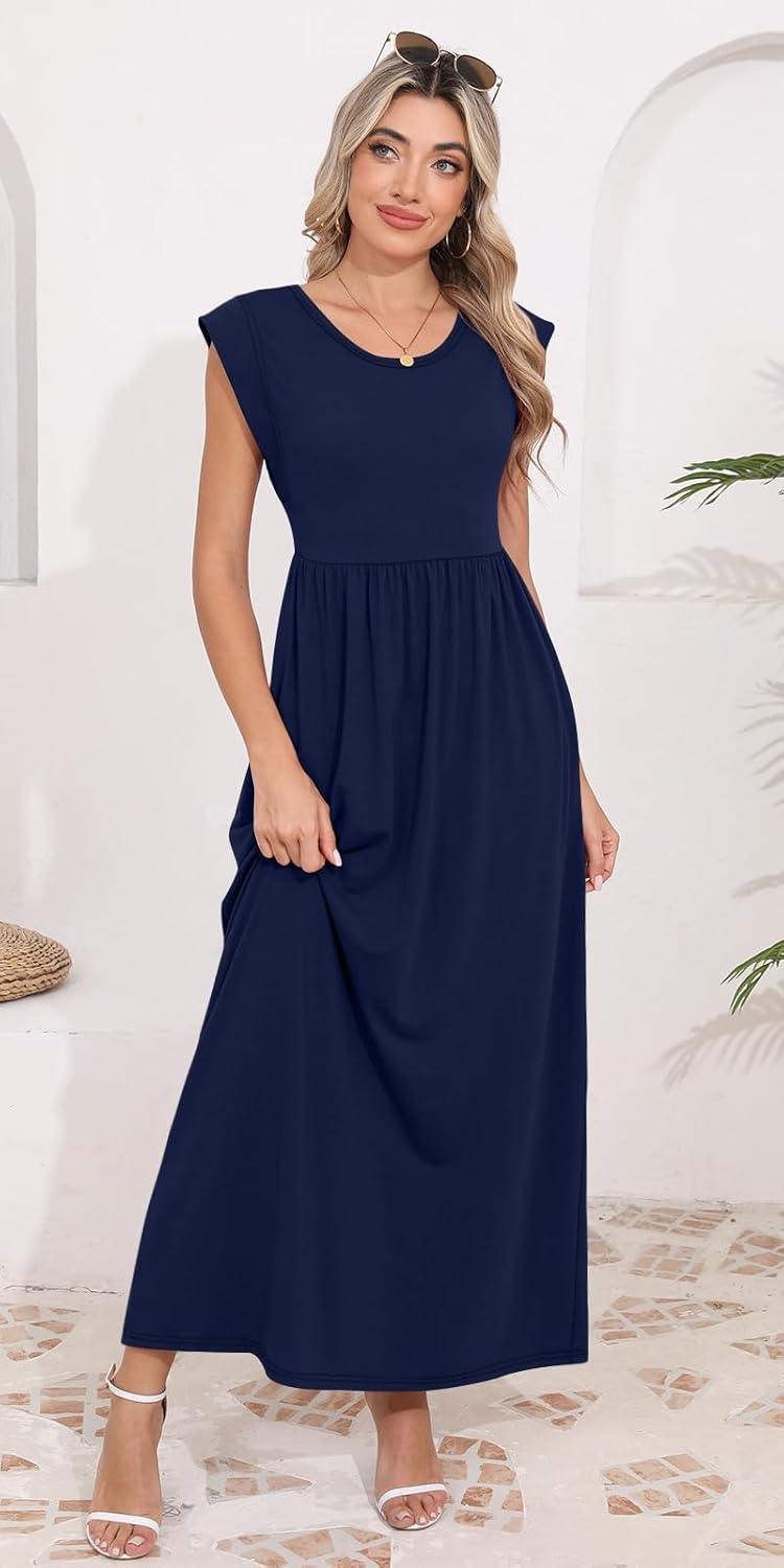 DB MOON Womens 2026 Maxi Dresses Empire Waist Long Summer Dress Casual Cap Short Sleeve Sundress with Pockets - Image 3