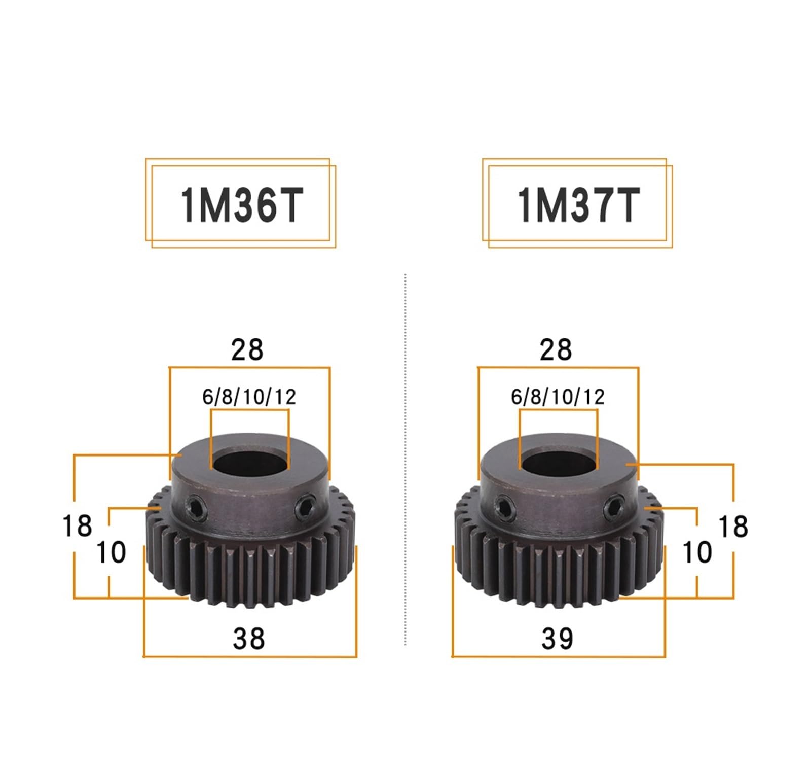Bevel Gear Pinion Hardware Mechanical 1pcs Module 1 Motor Gear 1M-36T/37T/38T/39 Teeth Carbon Steel Spur Gear Bore Size 8mm(36 Teeth)