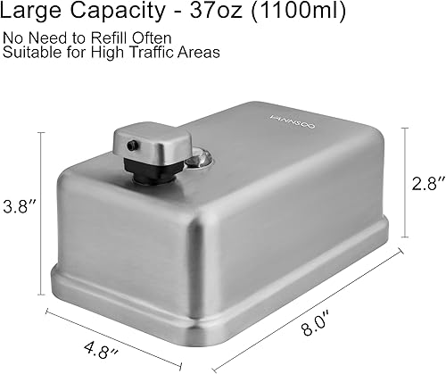Miniatura 5 de Dispensador de jabón montado en la pared, 37.2 fl oz, 37 onzas, dispensador de jabón líquido comercial de acero inoxidable para montaje en pared