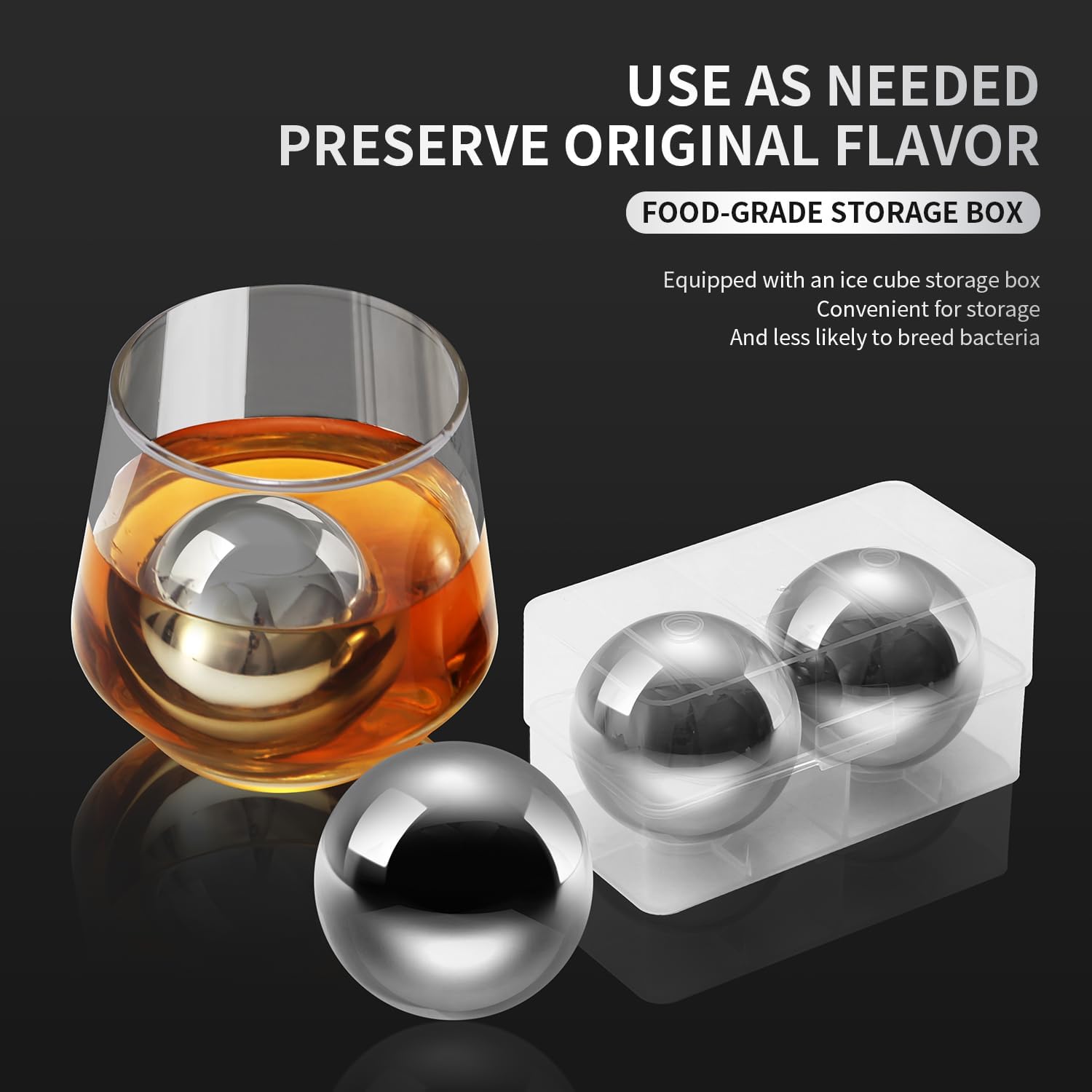Large 2.2" Stainless Steel Whiskey Ice Balls – Set of 2 Reusable Metal Cubes, Chill Whiskey & Cocktails Without Dilution, for Men
