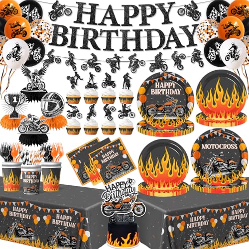 Dirt Bike Birthday Party Decorations 188pcs Flame Motocross Theme Birthday Set include Flame Racing Plates and Napkins Cake Topper Balloons Motorcycle Banner for Boy Motorcycle Party Supplies