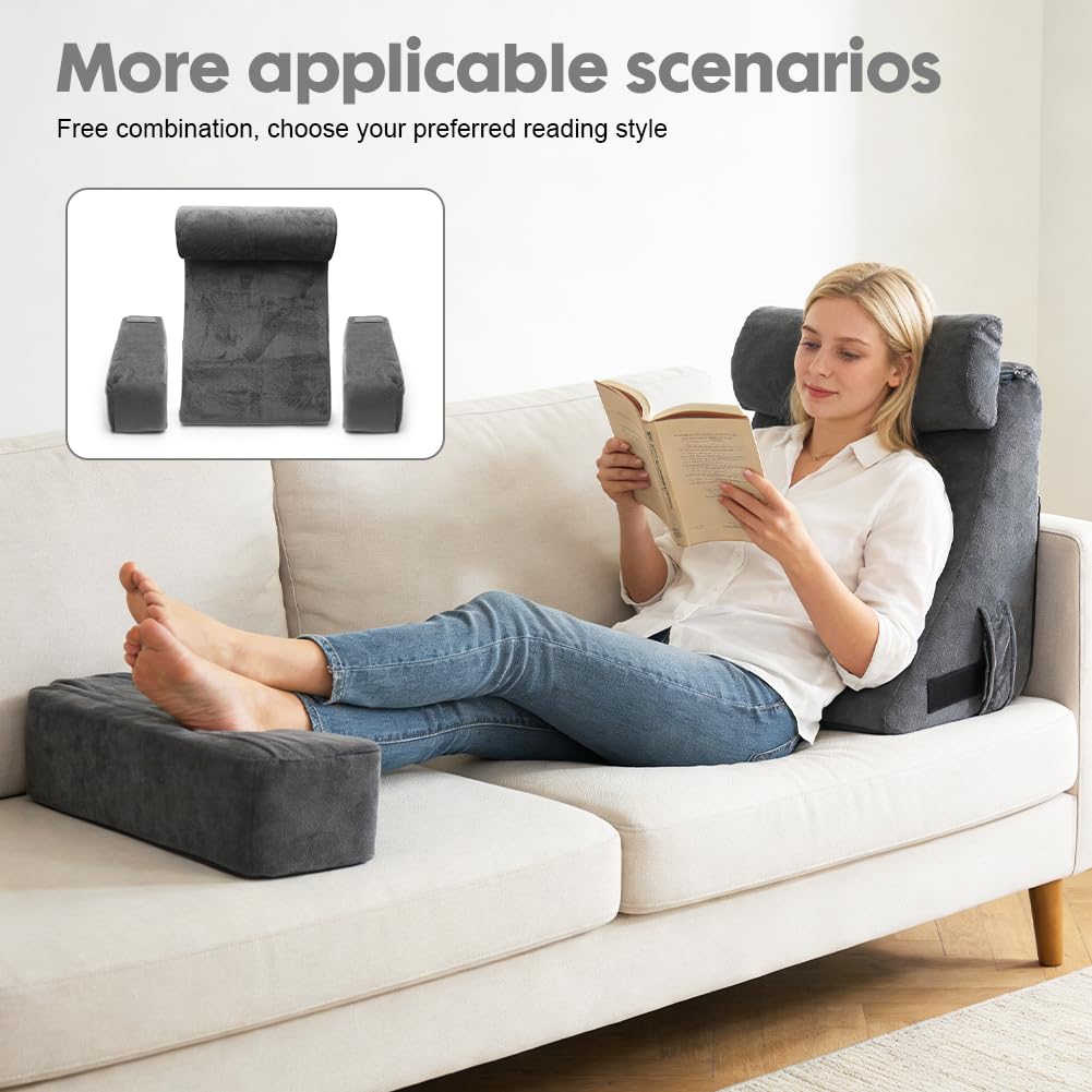 Cojín para la espalda, cojín de lectura para cama y sofá con reposabrazos y almohadas extraíbles, cojín de respaldo para cama, cojín de pared, cojín multifunción para leer, jugar, ver la