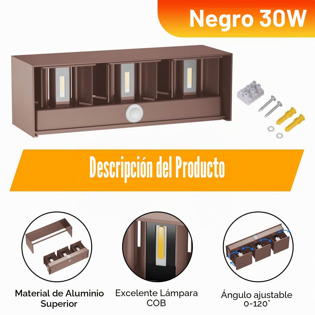 Klighten Apliques con Sensor de Movimiento,30W Aplique de pared exterior con haz de luz ajustable, 3000K blanco cálido,Lámpara de pared con sensor Ip65 (Rojo óxido)
