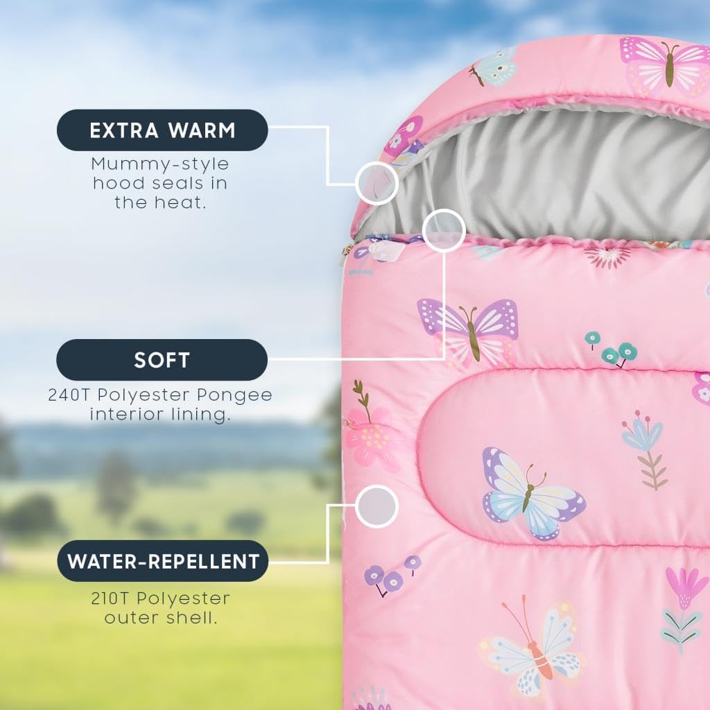 Wake In Cloud - Kids Sleeping Bag for Girls Toddlers, Camping in Warm Cold Weather, Backpacking Lightweight Compact Outdoor Liner for 3 Seasons, Butterfly Garden Flowers
