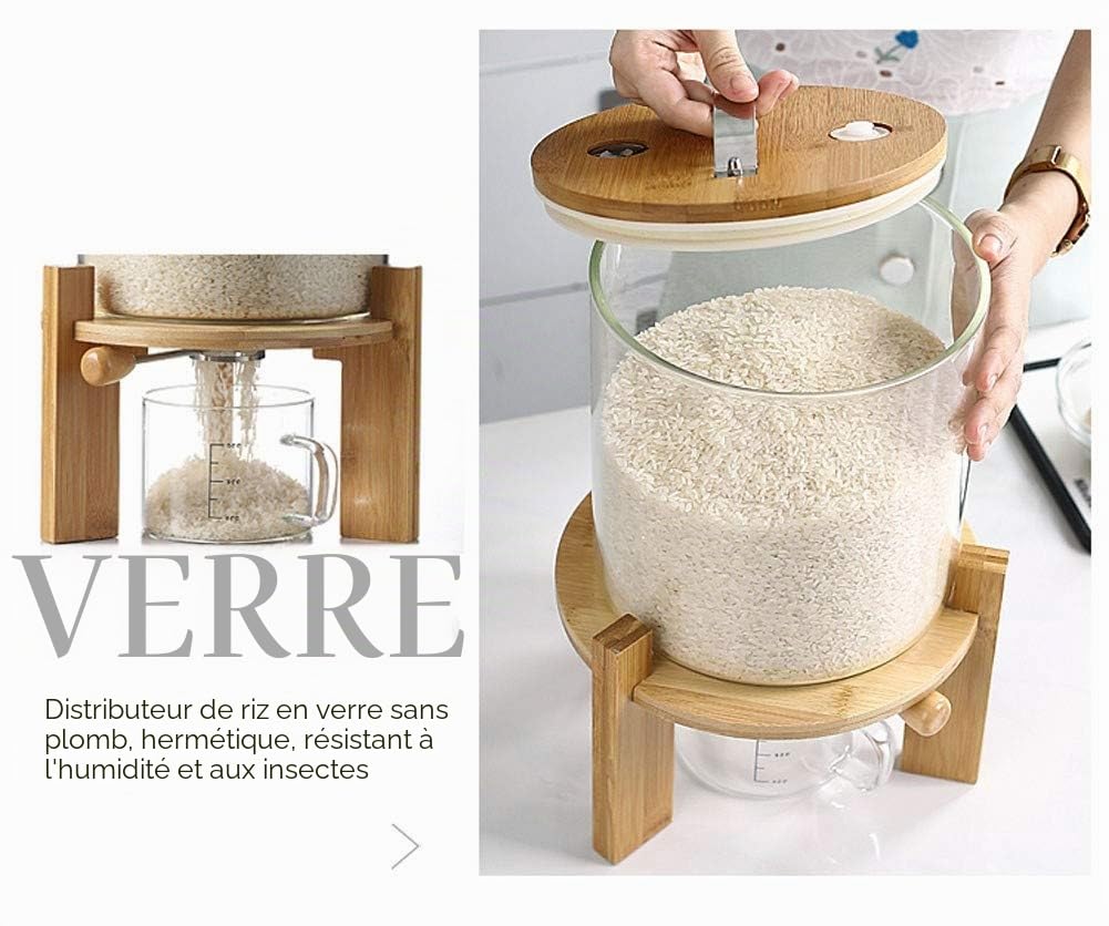 Conteneur Hermétiques pour Céréales Distributeur de Riz Récipient pour Farine, Verre Sans Plomb, Boite de Rangement Cuisine avec Couvercle, 5L/8L 5L
