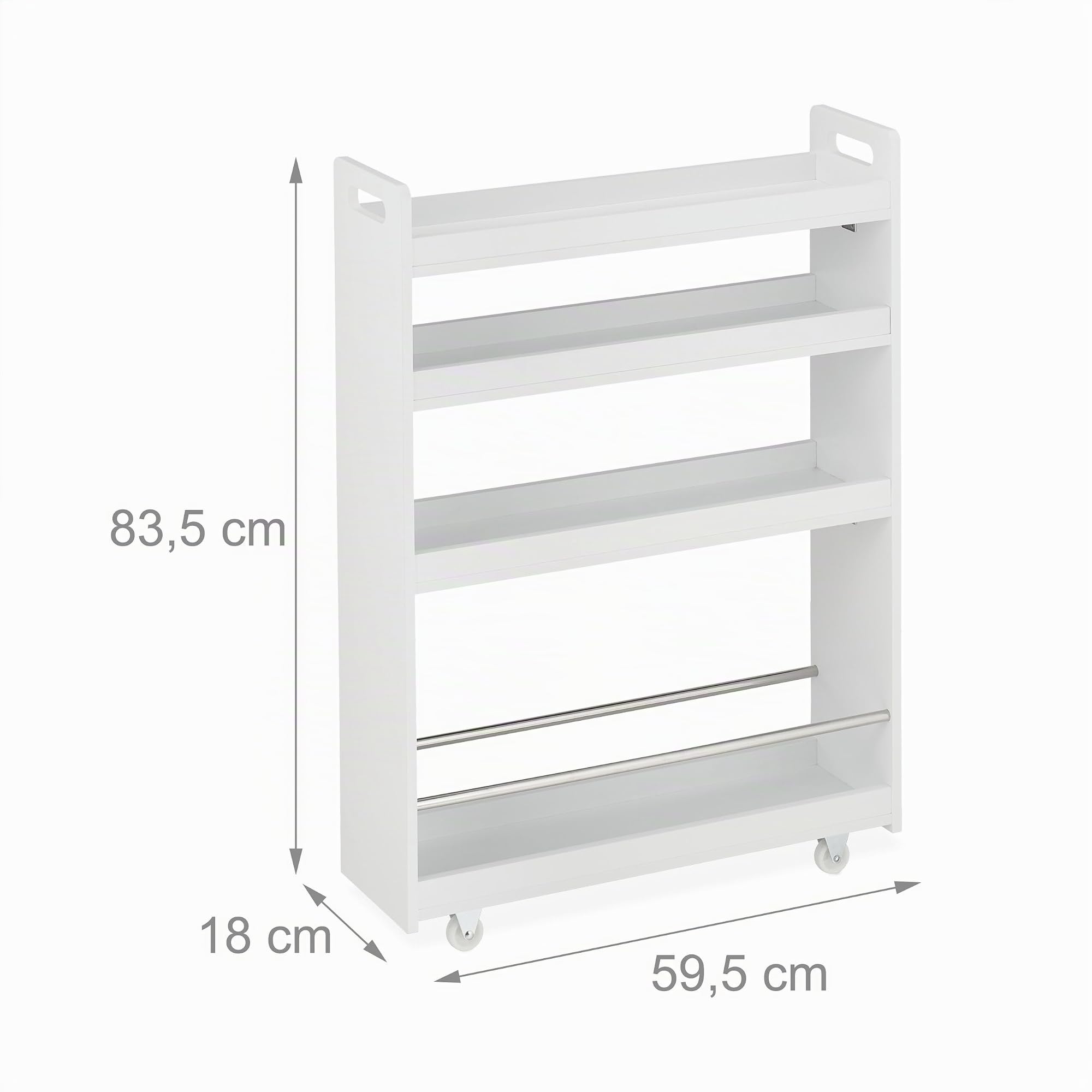 Relaxdays Carrito Estantería, 4 Pisos, Camarera Estrecha para Cocina y Baño, 83,5 x 18 x 59,5 cm, Carro de MDF, Blanco