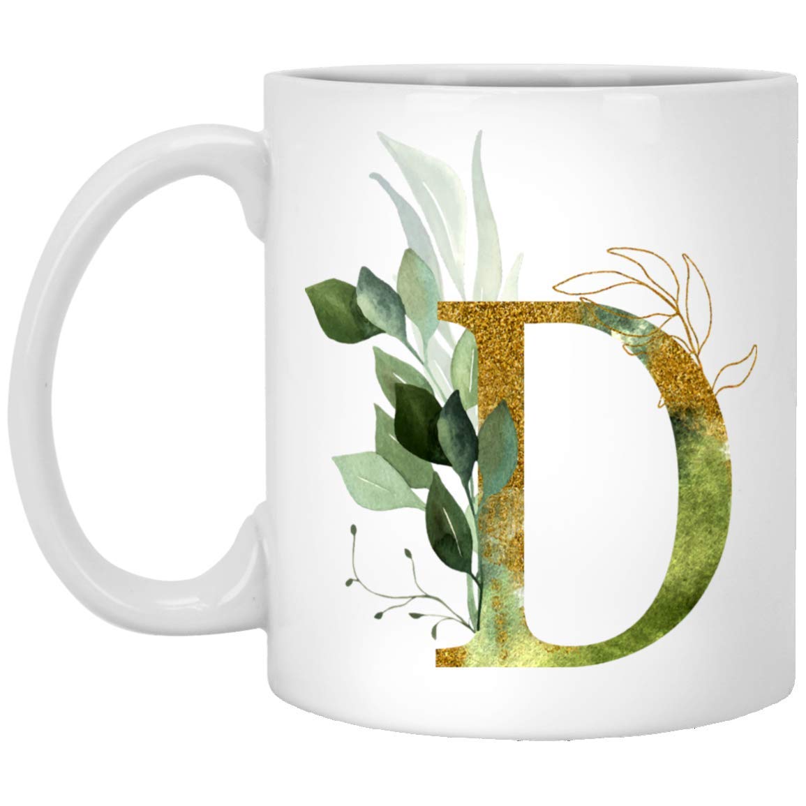 Alpha/D Graphic Letter D Coffee Mug - Alphabet Monogram D - Gold Shimmer Floral Tea Cup For Her Birthday Christmas Mothers Day - 11oz